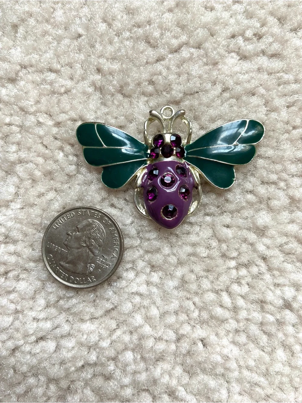 Statement Silver Beetle Pendant with Purple & Teal Enamel, Purple Rhinestones